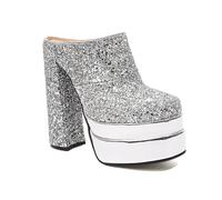 Omeslike Women's Gold Glitter Closed Toe Platform Heeled Mules - 15cm Block Heel Slide Sandals for Show Party Nightclub,Silver,6.5 UK