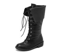 Omeslike Women's Lace-up Mid Calf Boots, Motorcycle Riding Boots with Flat Heel, Knee High Riding Combat Boots,Black,46