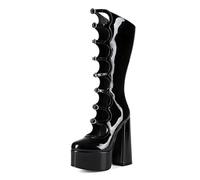 Omeslike Women's Patent Leather Platform Knee High Boots - Wide Width Mid-Calf Boots for Concerts, Rave Wear, and Daily Fashion,Black,4 UK