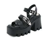 Omeslike Women's Platform Fisherman Sandals,Chunky Heel Open Toe Ankle Faux Leather Goth Sandals,Block Heel Fashion Summer Sandals,Black,35