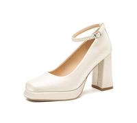 Omeslike Women's Platform Mary Jane Pumps - 9cm Chunky Heel Square Toe Wedding Shoes for Bridal Prom, Party, Daily Wear,Beige,5 UK