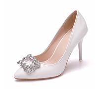 Omeslike Womens Pointed Toe Stilettos High Heel,Classic Pumps White,3.5 inch/9cm Party Stiletto Heels Shoes,Wedding Bridal Dress Low Heels,White,39