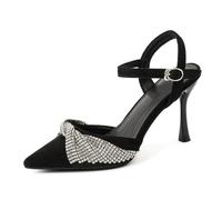 Omeslike Women's Rhinestone Pointed Toe Ankle Strap Stiletto Heel Sandals - Low-Cut 3.5 Inch High Heels for Wedding, Party, Date Night,Black,4.5 UK