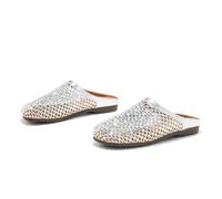 Omeslike Women's Sparkling Rhinestone Flat Sandals - Airy Mesh & Hollow-Out Handmade Braided Design Boho Fisherman's Slides,Silver,2.5 UK
