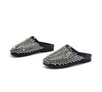 Omeslike Women's Sparkling Rhinestone Flat Sandals - Airy Mesh & Hollow-Out Handmade Braided Design Boho Fisherman's Slides,Black,4.5 UK