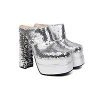 Omeslike Women's Square Toe Glitter Platform Heeled Mules, 15cm Block Heel Slide Sandals for Catwalk Stage Nightclub,Silver,6.5 UK