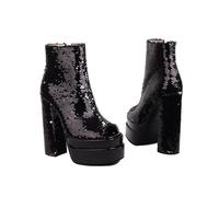 Omeslike Women's Square Toe Peep Toe Glitter Ankle Boots, Side Zipper Platform Block Heels, 15cm Heel for Catwalk Stage,Black,2.5 UK