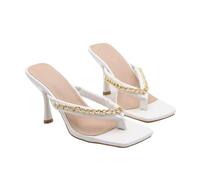 Omeslike Women's Square-Toe Stiletto Heel Flip Flop Sandals - Thong Sandals for Wedding, Party, Date Night, Festival,White,4.5 UK