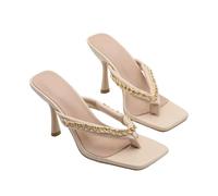 Omeslike Women's Square-Toe Stiletto Heel Flip Flop Sandals - Thong Sandals for Wedding, Party, Date Night, Festival,Apricot,6 UK