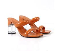 Omeslike Women's Transparent Block Heel Gladiator Sandals - Slide Sandals for Weddings/Parties, Lightweight Cloud Comfort All-Day Walking Shoes,Brown,6 UK