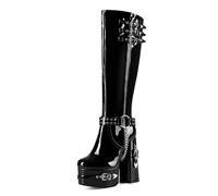 Omeslike Women's Wide Width Block Heel Platform Knee High Boots - Mid-Calf Boots for Music Festivals, Party Nights, and Daily Fashion,Black,4.5 UK