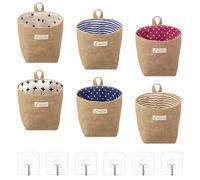 Omevett 6 Pcs Cotton Linen Storage Organiser Bag Small Hanging Storage Baskets Mini Burlap Bags Foldable Storage Basket Bag with Handle Jute Wall Baskets Storage for Toy Makeup Key Small Stuff