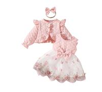 OMEWEE 3PCS Infant Girl Fall Outfits Floral Cardigan Butterfly Dress with Headband Long Sleeve Bolero Baby Girl First Birthday Outfit Photo Shoot Winter Casual Clothes Light Pink 3 Years