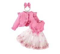 OMEWEE 3PCS Infant Girl Fall Outfits Floral Cardigan Butterfly Dress with Headband Long Sleeve Bolero Baby Girl First Birthday Outfit Photo Shoot Winter Casual Clothes Dark Pink 12-18 Months