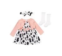 OMEWEE Baby Girl 1st Birthday Outfit Long Sleeve Ribbed Knit Cardigan Floral Cow Print Romper Dress with Headband Socks 4PCS Fall Clothes Cake Smash Party Photograph Pink-Cow 6-9 Months
