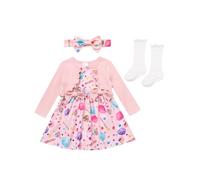 OMEWEE Baby Girl 1st Birthday Outfit Long Sleeve Ribbed Knit Cardigan Floral Cow Print Romper Dress with Headband Socks 4PCS Fall Clothes Cake Smash Party Photograph Pink-Candy 12-18 Months