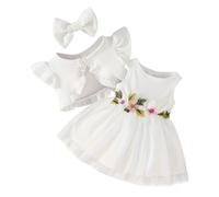 OMEWEE Baby Girl Cardigan and Dress 3PCS Summer Outfits Floral Print Dress Short Sleeve Boleros with Headband First Birthday Outfits Cake Smash Holiday White 18-24 Months