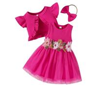 OMEWEE Baby Girl Cardigan and Dress 3PCS Summer Outfits Floral Print Dress Short Sleeve Boleros with Headband First Birthday Outfits Cake Smash Holiday Rose Red 9-12 Months
