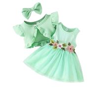 OMEWEE Baby Girl Cardigan and Dress 3PCS Summer Outfits Floral Print Dress Short Sleeve Boleros with Headband First Birthday Outfits Cake Smash Holiday Green 6-9 Months