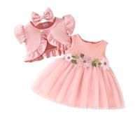 OMEWEE Baby Girl Cardigan and Dress 3PCS Summer Outfits Floral Print Dress Short Sleeve Boleros with Headband First Birthday Outfits Cake Smash Holiday Pink 9-12 Months