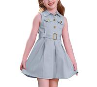 OMEWEE Baby Girl Lapel Collar Pleated Dress with Belt Sleeveless Denim Ruffle Buttons Sundress A-line Flowy Clothes with Pockets for Kids Holiday Blue 5-6 Years