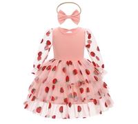 OMEWEE Baby Girl Valentines Day Dress Long Mesh Sleeve Party Dress with Headband Heart Strawberry Print Valentines Dress Valentine's Day Princess Ruffle Dress Photograph Pink-Strawberry 3-4 Years