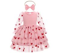 OMEWEE Baby Girl Valentines Day Dress Long Mesh Sleeve Party Dress with Headband Heart Strawberry Print Valentines Dress Valentine's Day Princess Ruffle Dress Photograph Pink-Heart 18-24 Months