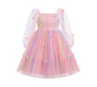 OMEWEE Girls Princess Dress Mesh Puff Long Sleeve Sequin Tulle Butterfly Birthday Pageant Formal Tea Party Dresses 2-8 Years 03 Pink 7-8Y