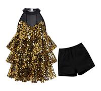 OMEWEE Girls Sequins Latin Dance Dress Glitter Jazz Hip Hop Dance Wear Two Piece Kids Glitter Dance Outfits Ballroom Party Sparkling Dress with Shorts, gold, 11-12 Years