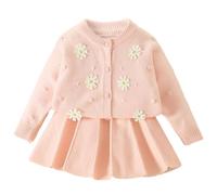 OMEWEE Girls Sweater Sets Knitted Cardigan Pleated Skirt Kids 2PCS Outfits Birthday Floral Embroidery Sweat Long Sleeve Jumper Midi Skirt Fall Casual Clothes Winter Pink 5-6 Years