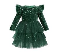 OMEWEE Infant Girl Christmas Velvet Princess Dress - Sequins Ruffle, Glitter Tulle Tiered, Long Sleeve Party Formal Dress for Fall Winter Pageant Photoshoot - Green 2-3 Years