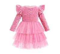 OMEWEE Infant Girl Christmas Velvet Princess Sequins Ruffle Dress Toddler Glitter Tulle Tiered Long Sleeve Party Fall Winter Pageant Formal Dress Photoshoot Pink 9-12 Months