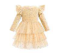 OMEWEE Infant Girl Velvet Dress Princess Sequins Ruffle Toddler Glitter Tulle Tiered Long Sleeve Party Fall Winter Pageant Formal Dress Photoshoot Champagne 3-4 Years