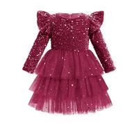 OMEWEE Infant Girl Velvet Dress Princess Sequins Ruffle Toddler Glitter Tulle Tiered Long Sleeve Party Fall Winter Pageant Formal Dress Wine Red 18-24 Months