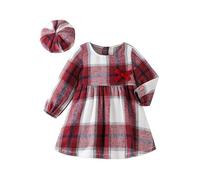 OMEWEE Kids Girls Flannel Plaid A-line Dress With Beret Hat, Long Sleeve Christmas Princess Outfit, Bowknot Ruffle Toddlers Birthday Fall Winter Bordeaux 6-7 Years