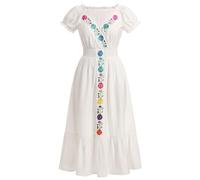 OMEWEE Mexican Dress for Women Embroidered Floral Print Pleated A Line Party Cocktail Dresses Short Sleeve Summer Fiesta V Neck Ruffle Casual Boho Smocked Peasant Midi Dressy Sundress White L