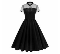 OMEWEE Vintage Gothic Cocktail Dresses for Women Keyhole Collar Mesh Short Sleeve Swing Dress Elegant Formal Tea Party Prom Evening Dress Black Large