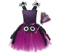 OMEWEE Witch Costumes for Girls, Spider Fancy Dress Up Costume with Hair Clips and Broom for Kids Girls Halloween Spider Costume Dark Purple 8-9 Years