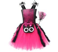 OMEWEE Witch Costumes for Girls, Spider Fancy Dress Up Costume with Hair Clips and Broom for Kids Girls Halloween Spider Costume Hot Pink 4-5 Years