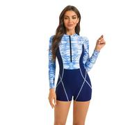 OMEWEE Women One Piece Rash Guard Long Sleeve Swimming Suit for Ladies Marble Print Swimsuit Boyleg Zip Front Wetsuit Round Neck Bathing Suit Surf Holiday Beachwear Blue M