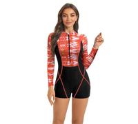 OMEWEE Women One Piece Rash Guard Long Sleeve Swimming Suit for Ladies Marble Print Swimsuit Boyleg Zip Front Wetsuit Round Neck Bathing Suit Surf Holiday Beachwear Red S