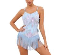 OMEWEE Women Sequins Tassel Latin Dance Dress Sleeveless Sparkly Fringe Bodysuit Leotard Salsa Cha Cha Samba Rumba Jazz Dress Performance Costume Ballroom Dancewear Blue Small