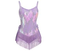 OMEWEE Women Sequins Tassel Latin Dance Dress Sleeveless Sparkly Fringe Bodysuit Leotard Salsa Cha Cha Samba Rumba Jazz Dress Performance Costume Ballroom Dancewear Purple X-Small