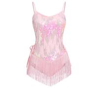 OMEWEE Women Sequins Tassel Latin Dance Dress Sleeveless Sparkly Fringe Bodysuit Leotard Salsa Cha Cha Samba Rumba Jazz Dress Performance Costume Ballroom Dancewear Pink X-Small