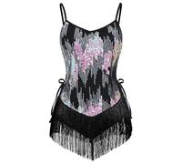 OMEWEE Women Sequins Tassel Latin Dance Dress Sleeveless Sparkly Fringe Bodysuit Leotard Salsa Cha Cha Samba Rumba Jazz Dress Performance Costume Ballroom Dancewear Black X-Small
