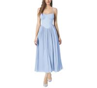 OMEWEE Womens Corset Dress Elegant Spaghetti Strap Bustier Maxi Dress Low Cut Flowy Pleated Hem Summer Casual Beach Long Dresses Blue S