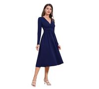 OMEWEE Women's Fall Dress Floral Print Long Sleeve Casual Dress with Pockets Ladies Party Dresses V-Neck A-line Elegant Dress Automne Clothes Photograph Navy Blue S