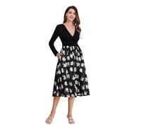 OMEWEE Women's Fall Dress Floral Print Long Sleeve Casual Dress with Pockets Ladies Party Dresses V-Neck A-line Elegant Dress Automne Clothes Photograph Black Floral M