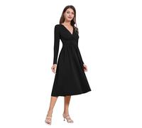 OMEWEE Women's Fall Dress Floral Print Long Sleeve Casual Dress with Pockets Ladies Party Dresses V-Neck A-line Elegant Dress Automne Clothes Photograph Black XL