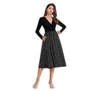 OMEWEE Women's Fall Dress Floral Print Long Sleeve Casual Dress with Pockets Ladies Party Dresses V-Neck A-line Elegant Dress Automne Clothes Photograph Black Spot M